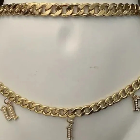 👑Juicy Couture Gold Tone Chain Link Belt Frontal Juicy Charm Drop Size M/L NWT - Picture 2 of 12